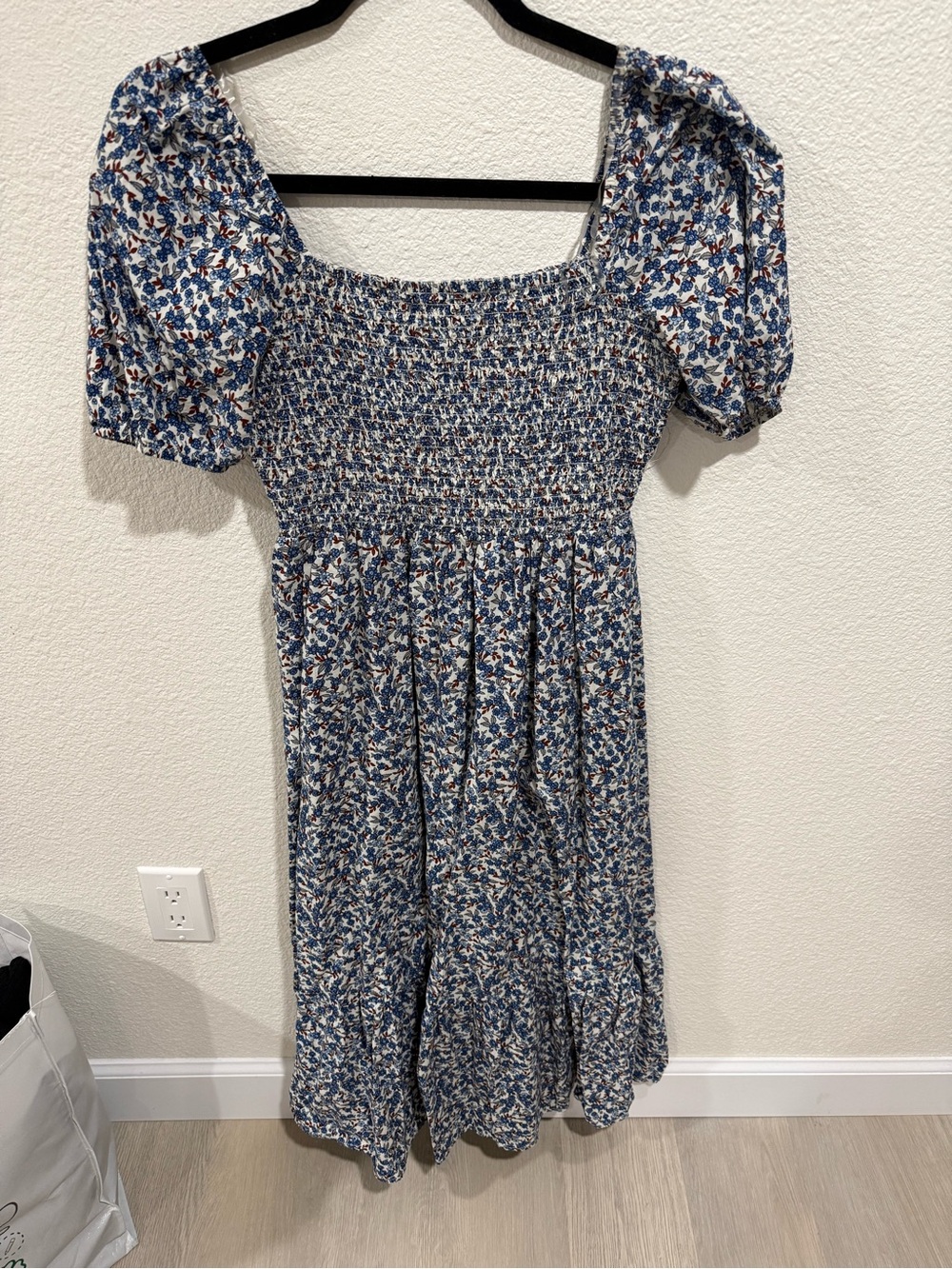 Smocked Puff Sleeve Midi Dress in Blue Floral